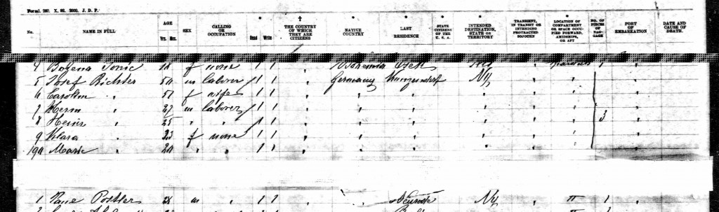 excerpt of ship register showing Josef & Caroline Richter, their four children and Paul Postler
