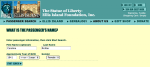 Searching for Caroline Richter on Ellis Island website